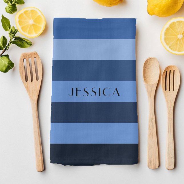 Modern Blue Striped Pattern Name Kitchen Towel (Modern Blue Striped Pattern Name Kitchen Towel)
