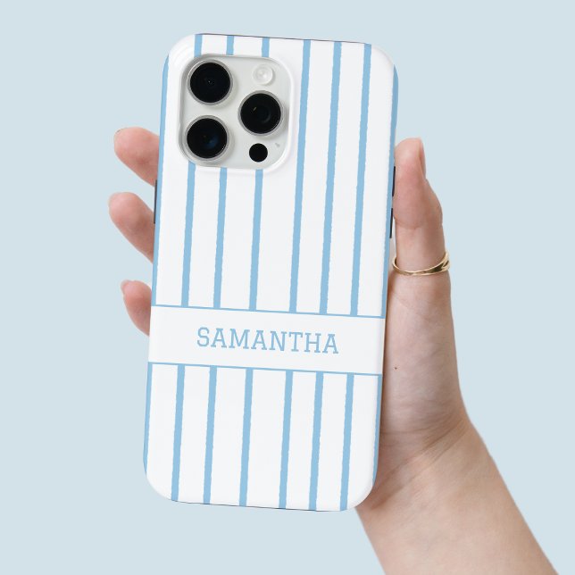 Modern Blue Striped Personalized Name Chic White Case-Mate iPhone Case (Modern Blue Striped Personalized Name Chic White Case-Mate iPhone Case)