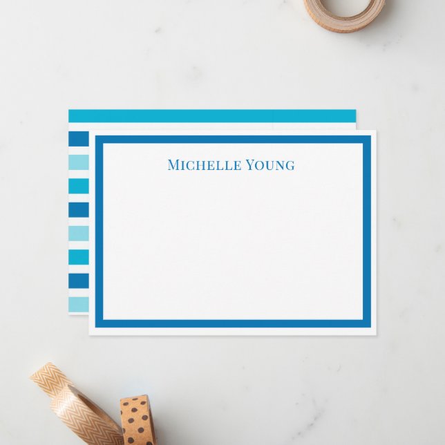 Modern Blue Striped Personalized Name Note Card (Front/Back In Situ)