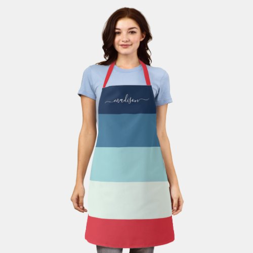 Modern blue striped script name apron