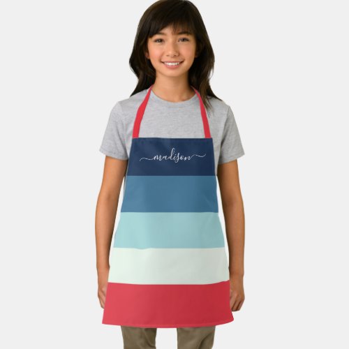 Modern blue striped script name kids apron