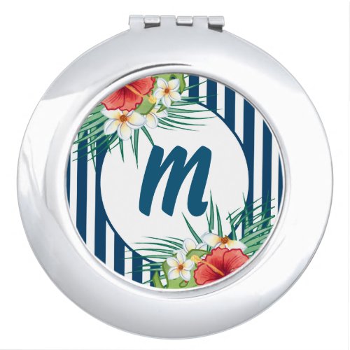Modern Blue Stripes and Flowers Monogram Compact Mirror