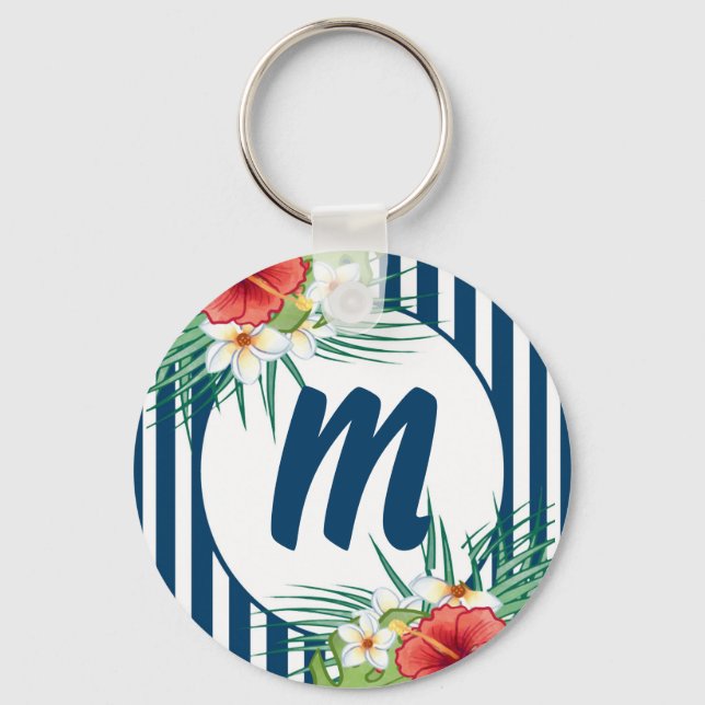 Modern Blue Stripes and Flowers Monogram Keychain (Front)