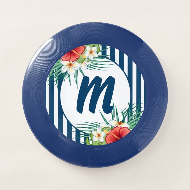 Modern Blue Stripes and Flowers Monogram Wham-O Frisbee (Front)