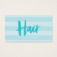 Modern Blue Stripes Brush Script Hair Stylist Business Card