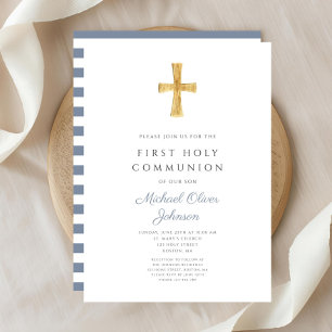 Modern Blue Stripes Cross Boy First Communion Invitation
