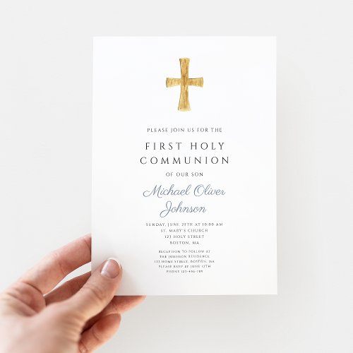 Modern Blue Stripes Cross Boy First Communion Invitation