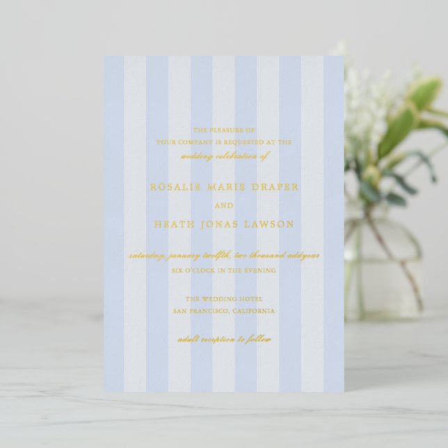 Modern Blue Stripes Elegant Wedding Foil Invitation (Standing Front)