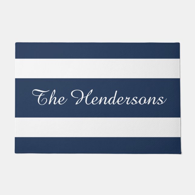 Modern Blue Stripes Family Name Doormat (Front)