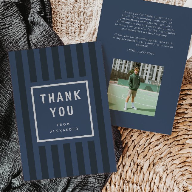 Modern Blue Stripes Graduation Thank You Card (modern blue sporty stripes graduation thank you card)