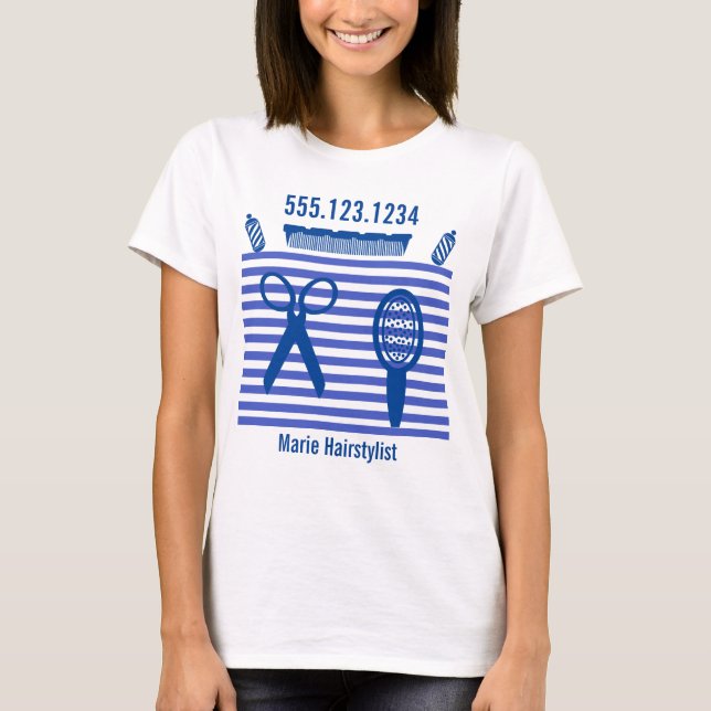Modern Blue Stripes Hairstylist  T-Shirt (Front)