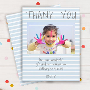 Modern Blue Stripes Kids Photo Birthday Thank you