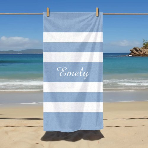 Modern Blue Stripes Name Beach Towel