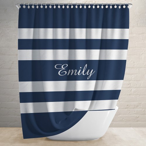 Modern Blue Stripes Name Shower Curtain