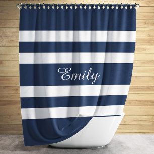 Modern Blue Stripes Name Shower Curtain