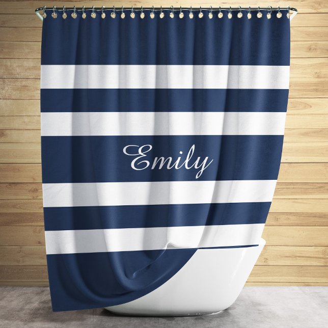 Modern Blue Stripes Name Shower Curtain (Modern Blue Stripes Name Shower Curtain)