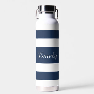 Modern Blue Stripes Name Water Bottle