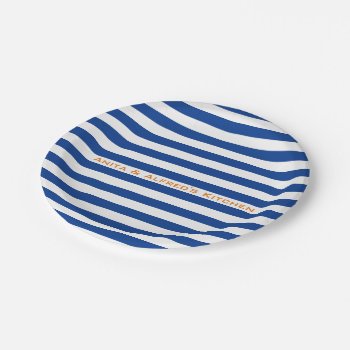 Modern Blue Stripes On Any Color With Custom Text Paper Plates by KreaturShop at Zazzle