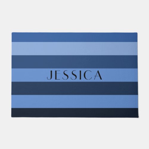 Modern Blue Stripes Pattern Custom Name Doormat