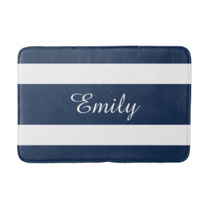 Modern Blue Stripes Pattern Name Bathroom Mat
