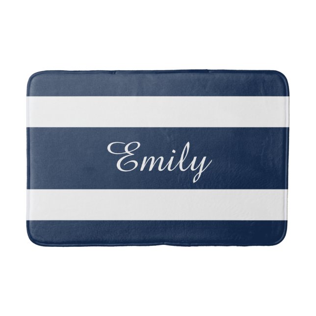 Modern Blue Stripes Pattern Name Bathroom Mat (Front)