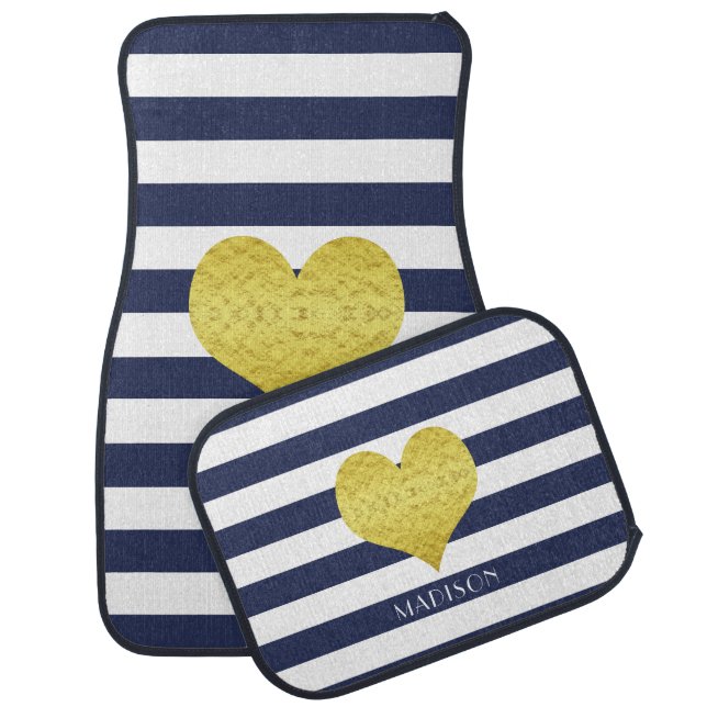 Modern Blue Stripes Pattern Name Car Floor Mat (Set)