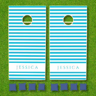 Modern Blue Stripes Pattern Name Cornhole Set