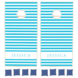 Modern Blue Stripes Pattern Name Cornhole Set