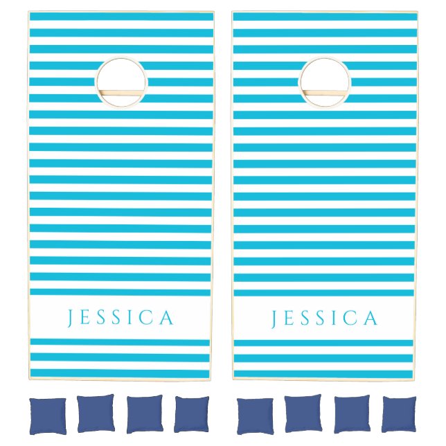 Modern Blue Stripes Pattern Name Cornhole Set (Set)
