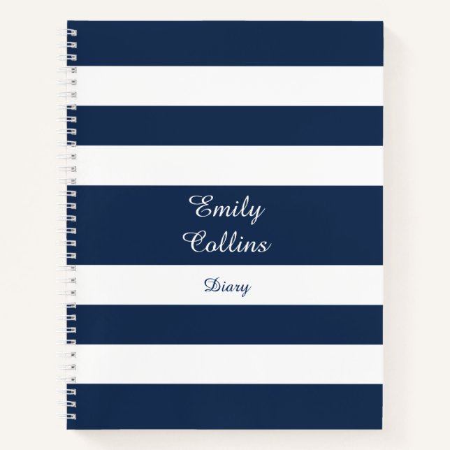 Modern Blue Stripes Pattern Name Notebook (Front)