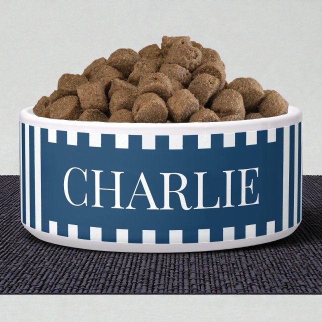 Modern Blue Stripes Pattern Personalized Dog Pet Bowl (Modern Blue Stripes Pattern Personalized Dog Pet Bowl)
