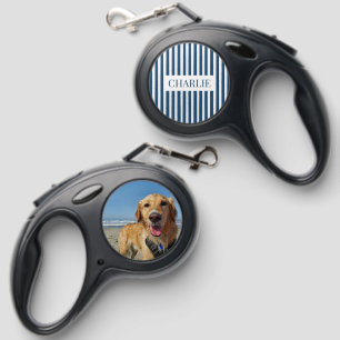 Modern Blue Stripes Pattern Personalized Photo Retractable Pet Leash