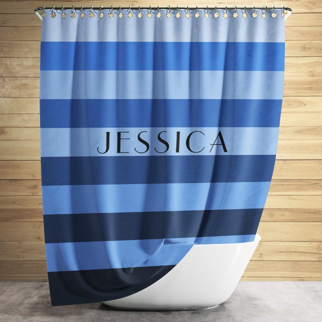 Modern Blue Stripes Pattern Shower Curtain (Blue Monochrome Striped Pattern Personalized Name Shower Curtain)