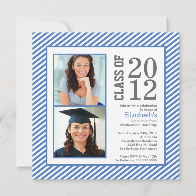 Modern Blue Stripes Photo Graduation Invitation (Front)