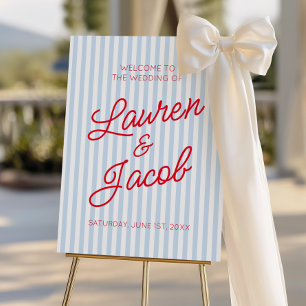 Modern Blue Stripes Red Wedding Welcome Sign