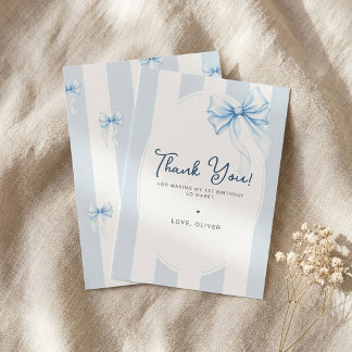 Modern Blue Stripes & Watercolor Bow Boy Birthday  Thank You Card