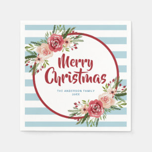 Modern Blue Stripes Watercolor Flowers Christmas Napkins