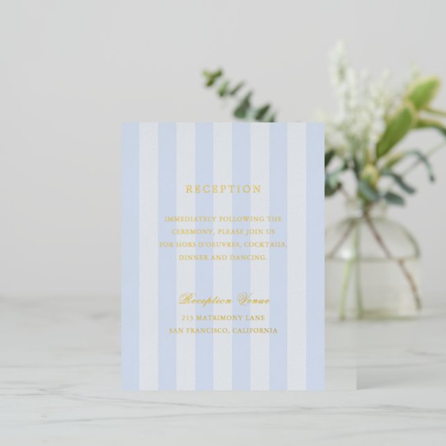Modern Blue Stripes Wedding Foil Enclosure Card (Standing Front)