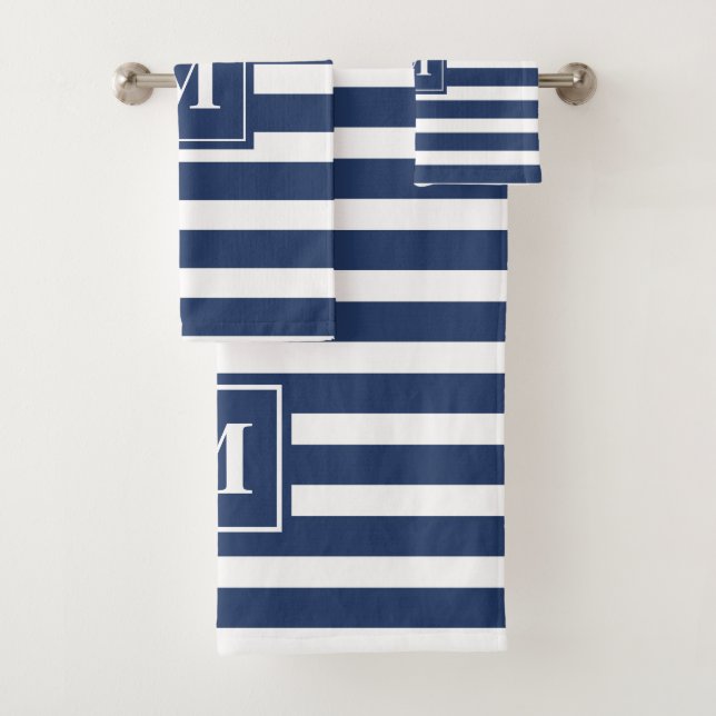 Modern Blue Stripes with Monogram Bath Towel Set (Insitu)