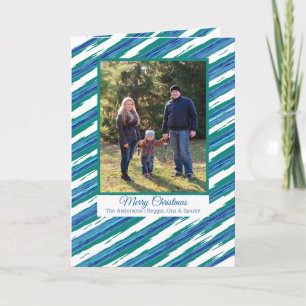 Modern Blue Stripes YOUR Photo Folded Holiday Card
