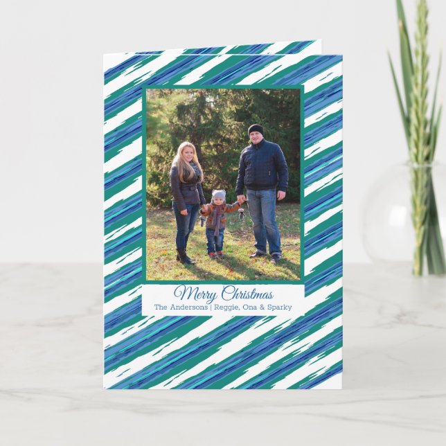 Modern Blue Stripes YOUR Photo Folded Holiday Card (Front)