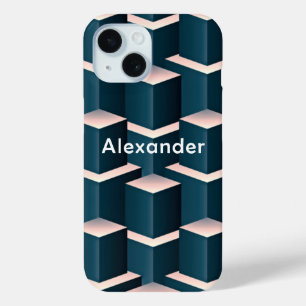 Modern Blue Stylish Squares Blocks Personalize iPhone 15 Case