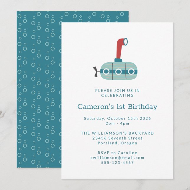 Modern Blue Submarine Simple 1st Birthday Invitation (Front/Back)