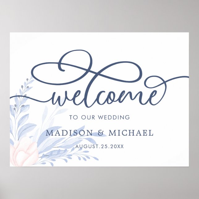 Modern Blue Succulent Wedding Welcome Sing Poster (Front)