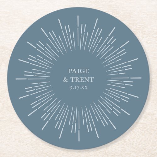 Modern Blue Sunburst Wedding Round Paper Coaster