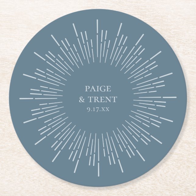 Modern Blue Sunburst Wedding Round Paper Coaster (Front)