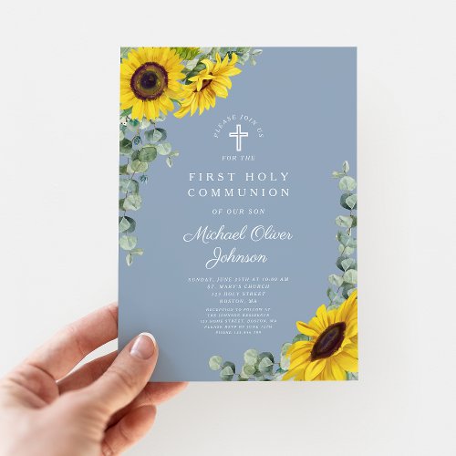 Modern Blue Sunflowers First Holy Communion  Invitation