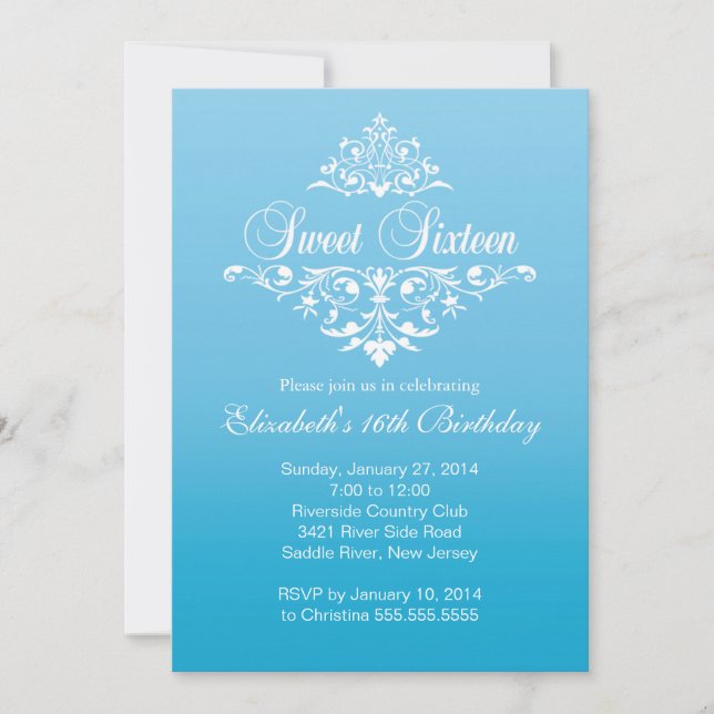 Modern Blue Sweet Sixteen Birthday Party Invitation (Front)