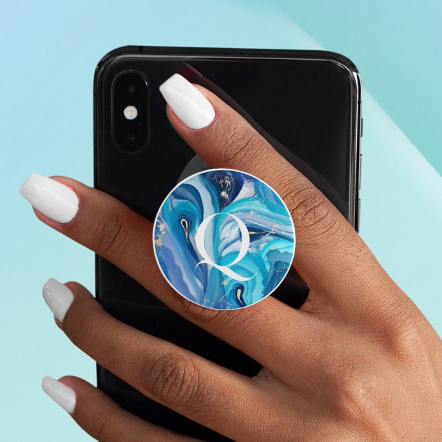 Modern Blue Swirl Agate Iridescent Custom Monogram PopSocket (Creator Uploaded)