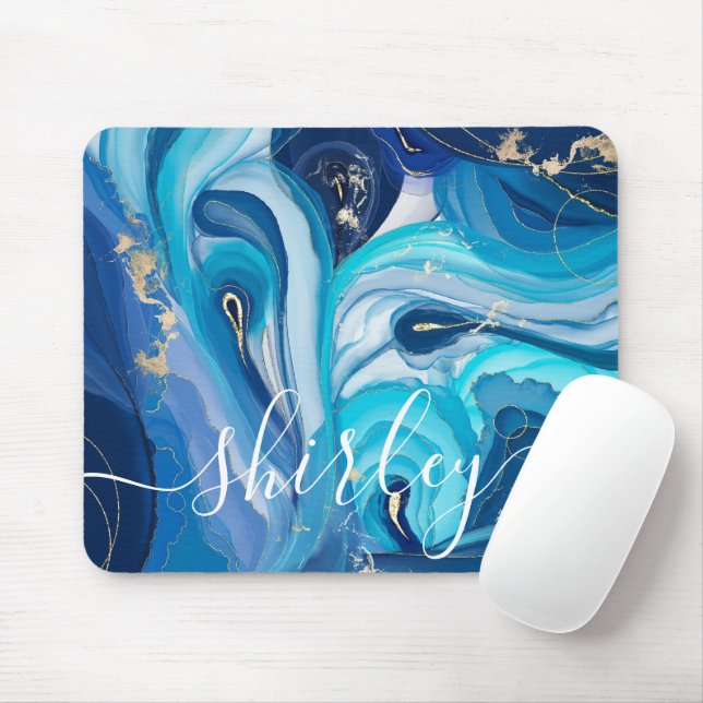 Modern Blue Swirl Agate Iridescent Custom Name  Mouse Pad (With Mouse)